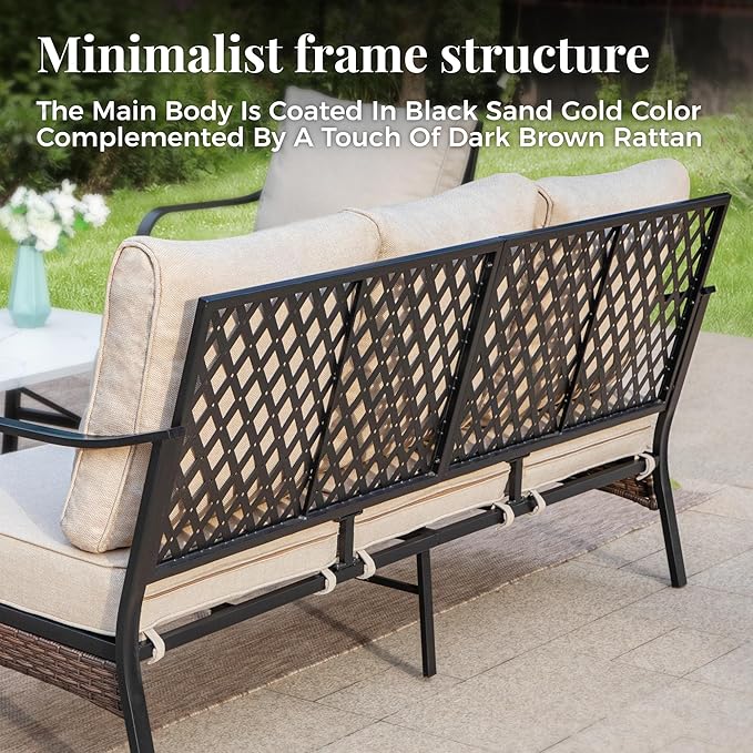 Patio Furniture Set with Firepit Table, Black Frame Outdoor Conversation Set with 2 x Fixed Chairs, 1 x 2-Seat Sofa, 1 x 3-Seat Sofa for Lawn Garden Backyard, Beige