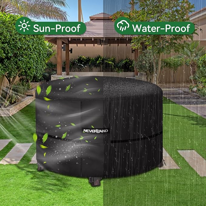 NEVERLAND Fire Pit Cover Round, Waterproof Outdoor Firepit Covers Round for 32-36 Inches 600D Oxford Heavy Duty Patio Gas Fire Pit Covers with 4 Buckle Straps and Air Vents, 36 x 24 Inch Black