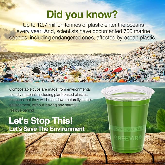 GREEVIRO Eco Compostable Plant-Based Clear Plastic Cups 16oz Thick, Reusable, Disposable Iced Coffee Cups for Smoothies, Beer & Any Beverages for Parties, Weddings & Gatherings (16oz)