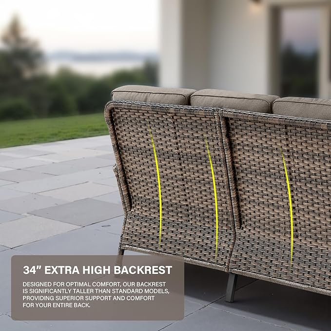 Belord 8 Pieces Patio Conversation Set with 43” Propane Fire Pit Table, Outdoor Sectional Furniture Sofa Set with Removable Cushions for Patio Deck Backyard Brown
