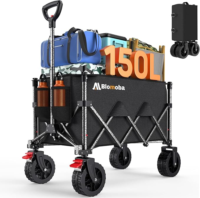 Collapsible Wagon Cart, 150L Heavy Duty Foldable Beach Wagon with Wider Wheels & Auto-Rebound Handle, Utility Grocery Shopping Cart for Garden, Shopping, Camping, Sports, Black