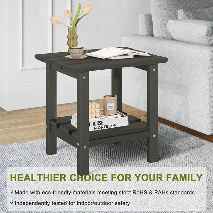Adirondack Outdoor Side Table Set of 2, 2-Tier Small Patio End Table, Weather Resistant HDPE Outdoor End Tables for Garden, Lawn, Pool, Beach, Porch, Deck, Backyard - Square, Dark Gray