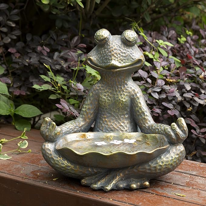 Glitzhome Meditating Yoga Frog Outdoor Statue Garden Sculpture Decor with Birdbath, 14.25" H, Bronze