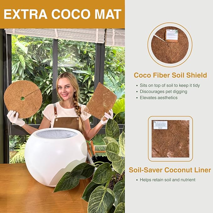 9.7" H x 12" D Globo Fiberstone Round Planter - Christmas Tree Planter, Smooth Finishes, Weather Resistant for Indoor & Outdoor Use, Included 2 Extra Coco Mats (White, 7.8" Pot Opening)