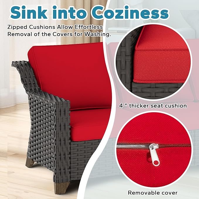 3 Pieces Outdoor Conversation Furniture Set - 77" Patio Sofa, 2 Rattan Wicker Ottomans, Patio Wicker Couch Set with Water-Resistant and Washable Cushions for Sunroom, Deck, Porch (Red)