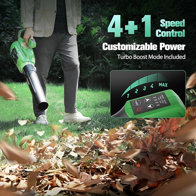 Cordless Leaf Blower with Battery and Charger 40V, 620CFM 150MPH Brushless Electric Motor, 2X5.0Ah Dual Batteries, 4-Speed & Turbo, 3 Nozzles, Lightweight for Lawn Care, Yard, Patio, Garage, Debris