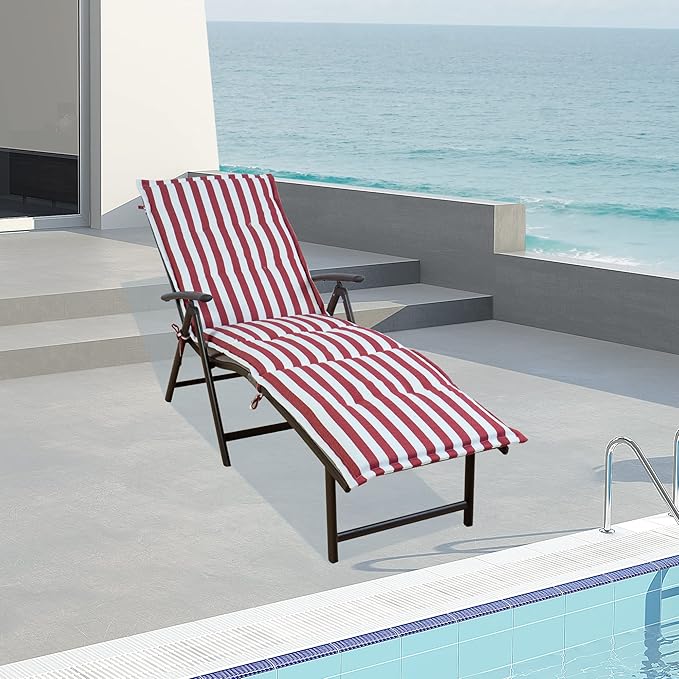 Kozyard Cozy Aluminum Reclining Lounge Chair - Perfect for Beach, Yard, Pool, Deck, Patio Outdoor Chaise Lounge with Drink Holder, Weather Free, Adjustable Assemble Free (Beige with Red Strip Cushion)
