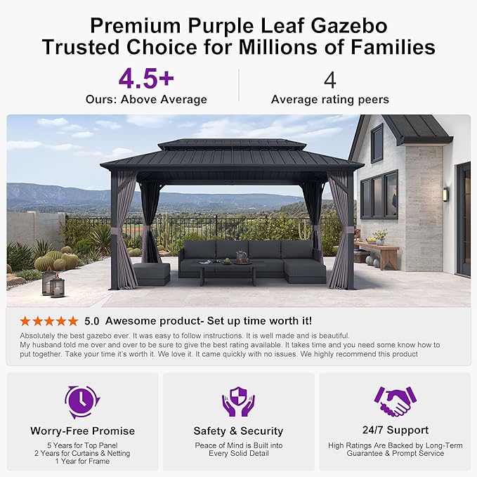 PURPLE LEAF 8' X 14' Permanent Hardtop Aluminum Gazebo with Double Galvanized Steel Roof Removable Netting Curtains and Ceiling Hooks for Patio Lawn Backyard Deck Garden Grey