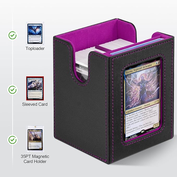 ZLCA Card Deck Box with Commander window Display, MTG Deck Box with Dice Tray Holds 200+ Double-Sleered Cards,Card Storage Case fit for YuGiOh,MTG,Sport (Black&Purple)