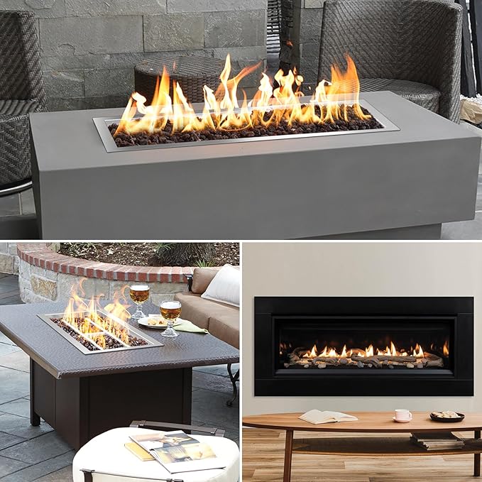 Onlyfire 30 x 10 Inch Drop-in Fire Pit Pan Kit, Rectangular Stainless Steel Propane Gas Firepit Pan with H Burner, Spark Ignition and Propane Hose Kit for Indoor or Outdoor DIY Fire Pit Fireplace