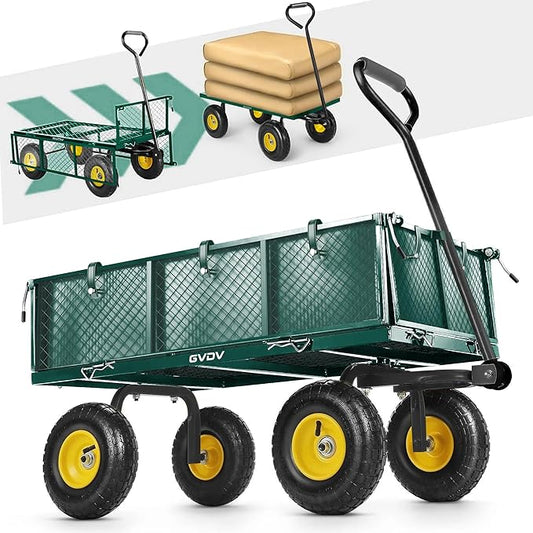 GVDV 660LB Garden Cart with Liner, Heavy Duty Steel Garden Wagon, Folding Utility Wagon with Removable Sides and 10" All-Terrain Wheels