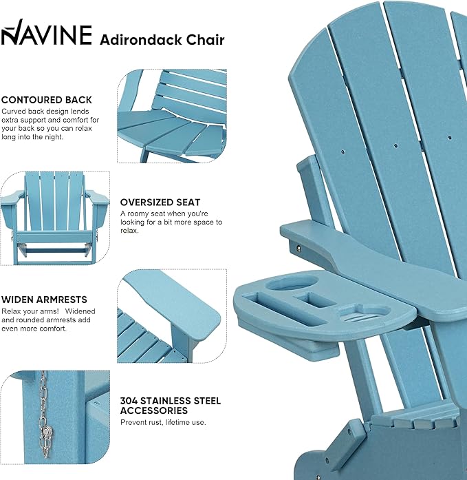 Adirondack Chair Set of 8, HDPE Folding Adirondack Chair with Multifunctional Cup Holder, Weather Resistant Fire Pit Chair for porches, patios, poolsides, Decks.