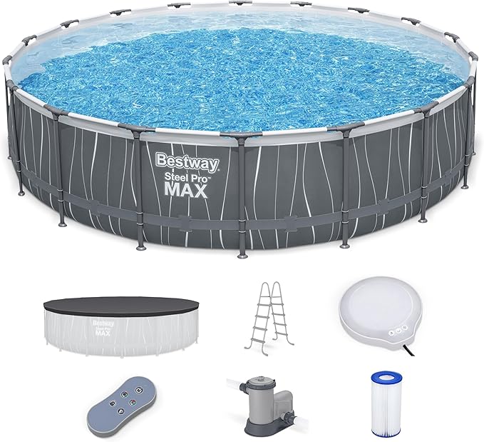 Bestway Steel Pro MAX 18 Foot x 48 Inches Metal Frame Above Ground Round Swimming Pool Set with LED Light, Remote Control, Ladder, and Pool Cover
