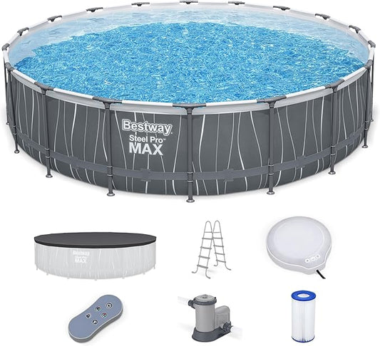 Bestway Steel Pro MAX 18 Foot x 48 Inches Metal Frame Above Ground Round Swimming Pool Set with LED Light, Remote Control, Ladder, and Pool Cover