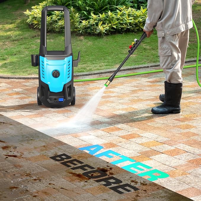 Electric Pressure Washer 5000PSI, High Power Washer with 33FT Hose Reel, 4 QC Nozzles and Soap Bottle, Power Cleaners Machine for Cars/Home/Driveways/Patios/Decks/Fences, Light Blue.