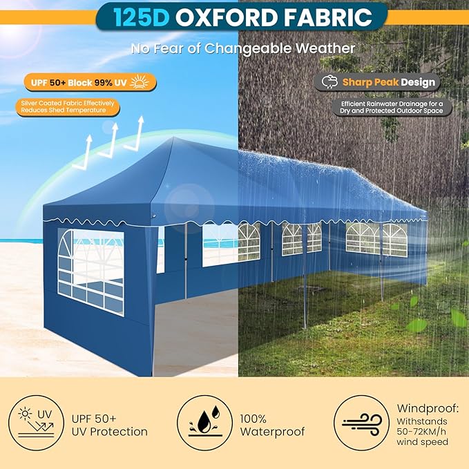 HOTEEL Pop Up Canopy 10x30 Large Party Tent with 8 Sidewalls, Portable Outdoor Canopy with Roller Bag,Sandbags,UV Resistant Waterproof, Easy Up Tents for Parties, Backyard, Wedding, Event, Blue