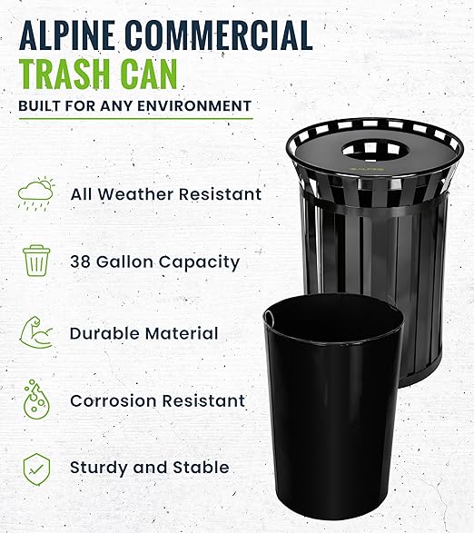 Alpine Industries 38 Gallon Commercial Outdoor Metal Trash Can, Open Top with Lid & Liner (Black)