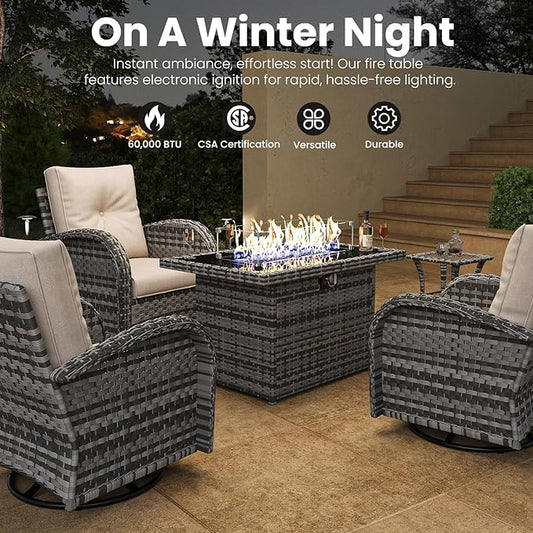 Rectangular Fire Pit Table, 44 inch Propane Gas Fire Pit with Glass Rocks, Wind Guard Glass Shield, Waterproof Cover for Outside Patio Backyard Deck Balcony