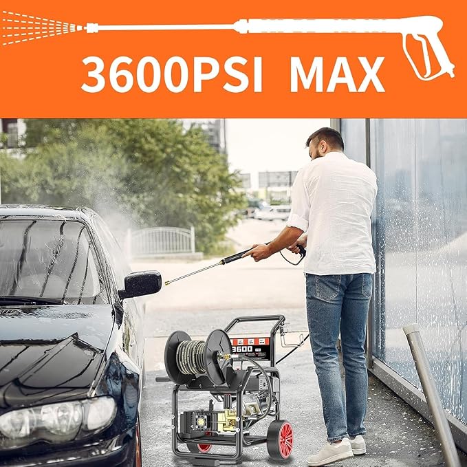 KARHDIR 3600PSI Gas Pressure Washer with Hose Reel, One-Button Start 212cc 7HP 4-Cycle Engine, 3.3 GPM Heavy Duty Power Washer with 50FT 3/8" Hose, Spray Gun & Wand, 5 Quick Connect Nozzles