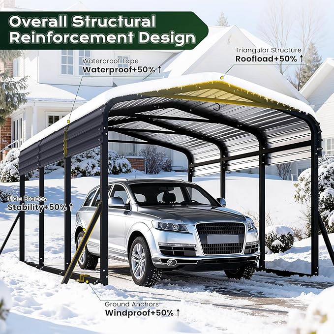 Heavy Duty Metal Carport Canopy, 10x15 FT Outdoor Car Port with Waterpoorf Metal Roof& Side Support Rods, Multi-Use Shelter Outdoor Garage for Car, Boats and Truck