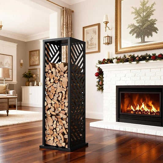 Firewood Rack, Wood Stacker Firewood Outdoor, Black Metal, 44.1 Inches, 1000 lbs Capacity, Indoor Decorative Wood Holder for Woodshed, Storeroom, Basement (Diagonalslot)