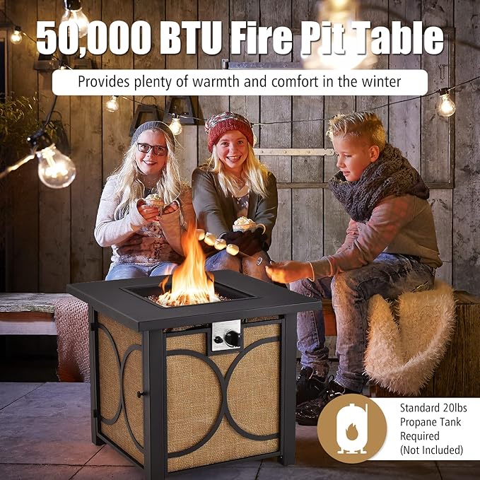 Giantex 28” Outdoor Fire Pit Table - 50,000 BTU Square Metal Fire Table with Lid, PVC Cover, Glass Stones, CSA Approved, 2-in-1 Ignition Propane Gas Fire Table for Outside Patio Garden Backyard Deck