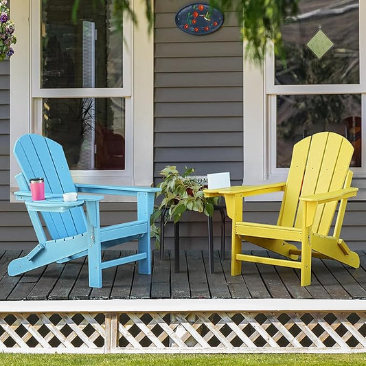 Adirondack Chair Set of 2, HDPE Folding Adirondack Chair with Multifunctional Cup Holder, Weather Resistant Fire Pit Chair for porches, patios, patios, poolsides, Decks.