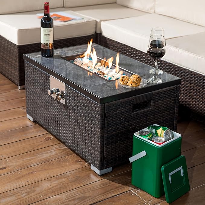 Propane Fire Pit Table, 32" Firepits for Outside, Gas Fire Pit for Outside Patio, Propane Fire Table with Steel Lid, Rain Cover for Patio, 50000BTU, Tank Outside, Tank Not Included, Brown