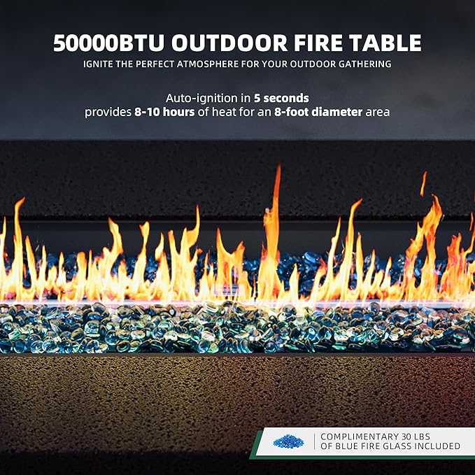 UPHA 42-inch Outdoor Propane Gas Fire Pit Table 50000 BTU Iron Rectangle Firepit for Outside Patio with Tank Hidden Table, Wind Guard, Removable Lid, Blue Glass Rocks, Rain Cover, Brown