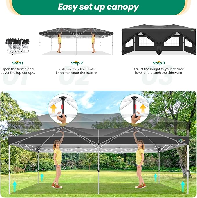 COBIZI Canopy 10x20 Pop Up Canopy Tent with 6 Sidewalls, One Push Party Tents for Parties Outdoor Wedding Waterproof Gazebo Commercial Event Tent with Sandbags, Black