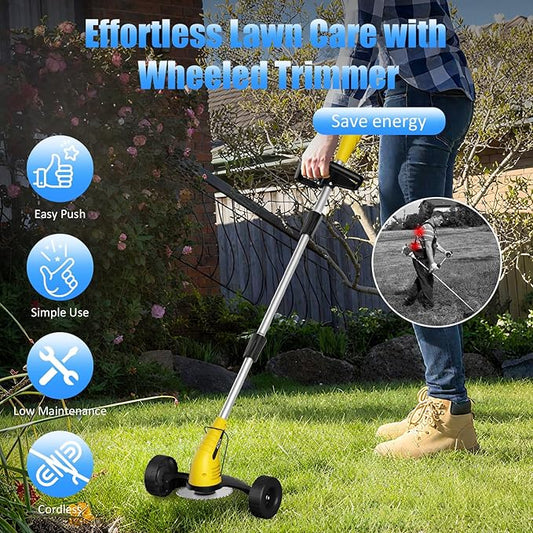 Electric Weed Wacker Cordless： String Trimmer with Roller 2Types Blades - 2.0Ah 12V Battery Powered Lightweight Grass Cutter/Mower for Yard and Garden, Yellow