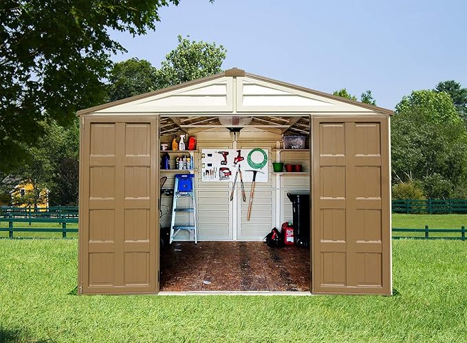Duramax Woodbridge Plus 10.5 x 8 (8.02 m2) Plastic Garden Shed with 1 Fixed Window & Metal Foundation Kit, Strong Metal Roof Structure Fire Retardant and Maintenance-Free Storage Shed - Ivory/Brown