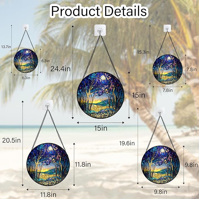 QZQCBLC Stained Glass Window Hanging Blue Purple Forest Trees Landscape Moon Large 11.8" - Suncatcher Door Garden Sun Catcher Home Decor Birthday Christmas for Mom Men Woman Nana