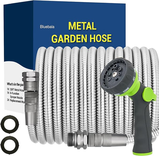 50 FT Stainless Steel Garden Hose – 304 Steel Heavy Duty Metal Hose, No-Kink, Puncture Resistant, Lightweight, Leak-Proof Swivel Fittings, 8-Pattern Nozzle for Garden, Yard, Outdoor Cleaning