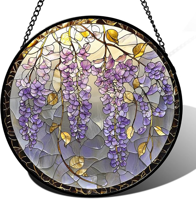 AMDERVEN Stained Glass Window Hanging - Wisteria Flower Golden Leaves Sun Catcher for Door Home Decor Plant Suncatcher Christmas Mother's Day Birthday Gifts for Women Men Lovers Mom Nana 11.8 in