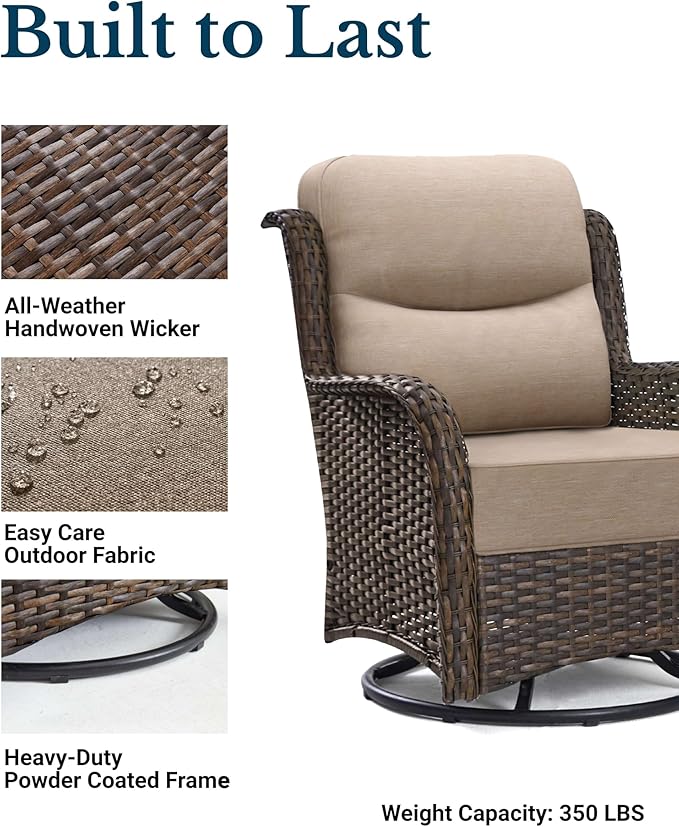 HILLGA Luxury Patio Furniture Set with 6-Inch Thick Cushions, High Back Outdoor Swivel Rocker Chairs and Ottoman, 5-Piece All Weather Conversation Set for Porch Deck Balcony Yard, Beige (V3)