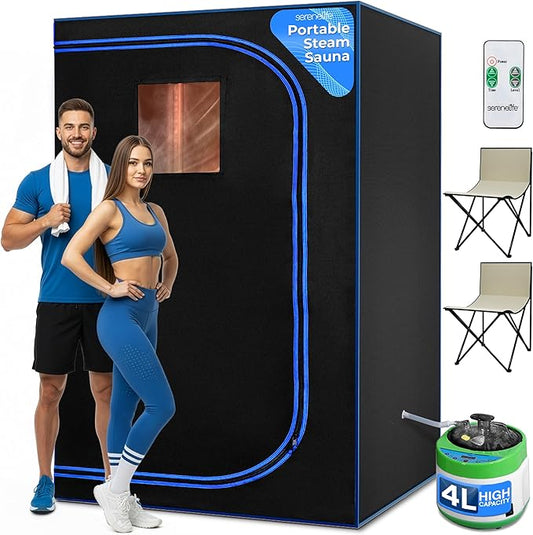 SereneLife Portable Sauna for Home, 2 Person Steam Sauna Tent with 4L Steamer, 2 Folding Sauna Chairs, Remote Control In-Home Spa, 6' x 4'