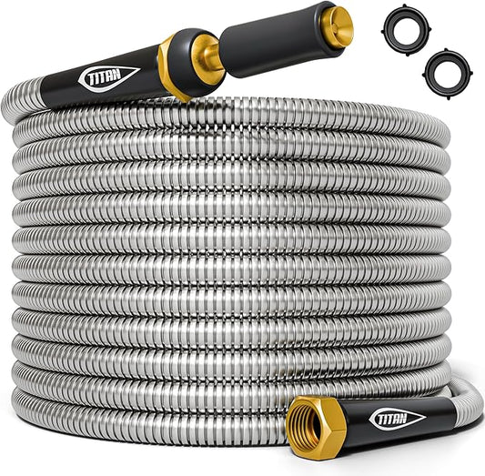 TITAN Garden Hose 15FT - 304 Stainless Steel Metal Water Hose, Flexible, Kink-Free, Lightweight, Durable, Crush Resistant Fittings, Easy to Coil, 500 PSI