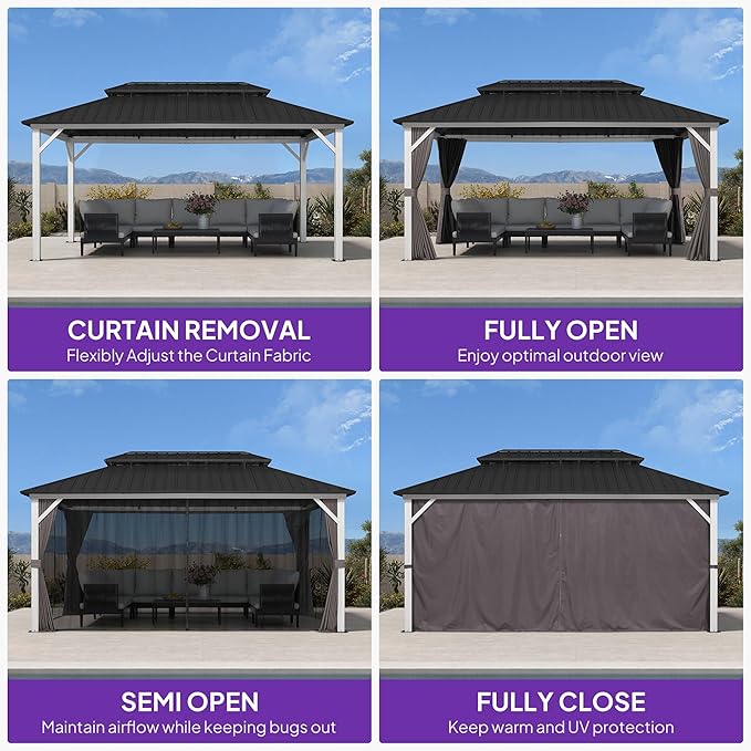 PURPLE LEAF 10' X 16' Hardtop Gazebo Metal Double Roof White Aluminum Frame Outdoor Heavy Duty Gazebo with Curtain and Netting for Patio Garden and Backyard, Grey