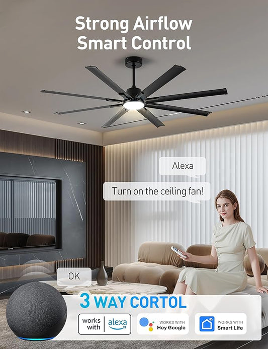 72 Inch Ceiling Fan with Light,Industrial Ceiling Fan with 8 Black Aluminium Blades,Smart Fan Compatible with Alexa,Garage Outdoor Indoor Fan for Patio and Living Room