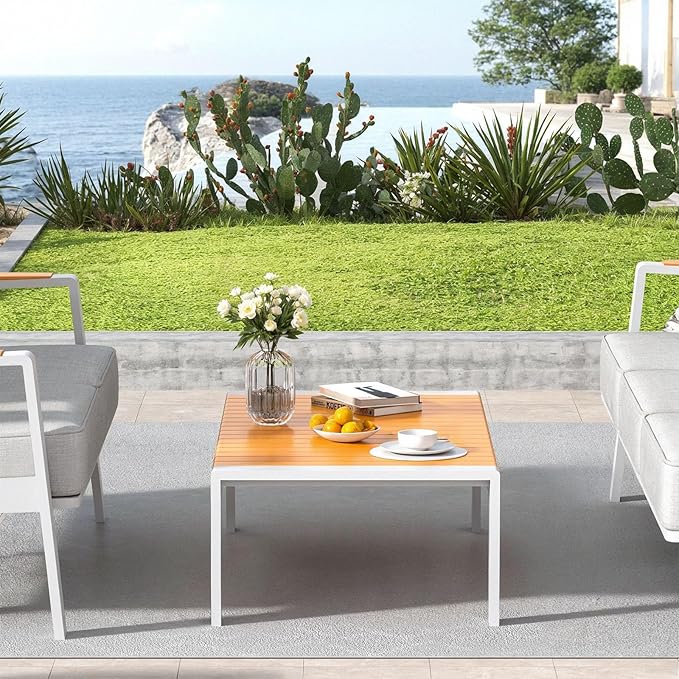 Aluminum Outdoor Patio Coffee Table for for Deck, and Poolside (White, Dark Teak)