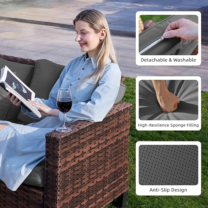 UDPATIO Patio Furniture Set, 6 Pieces Outdoor Conversation Sets with Rocking Swivel Chairs, Wicker Rattan Outdoor Sofa Set with Storage Table and Waterproof Covers for Backyard, Deck, Porch, Grey