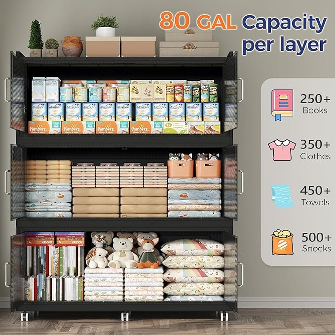 960QT Extra Large Storage Bins with Lid and Wheels, 240Gal Stackable Closet Organizers and Storage Cabinet, Collapsible Storage Box Drawer with Doors for Home Kitchen Office Dorm, 3Pack Black