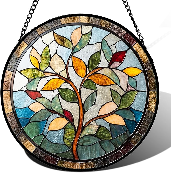 QZQCBLC Stained Glass Window Hanging Colorful Tree of Life Large 11.8" - Plant Leaves Suncatcher Door Garden Sun Catcher Home Decor Birthday Christmas for Mom Men Woman Nana Friend