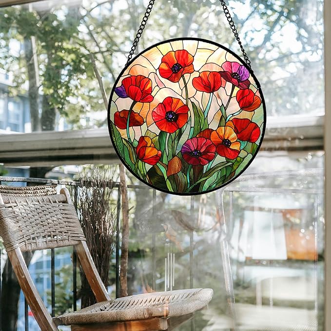 CRISGIF Stained Glass Window Hanging - Poppy Birth Flowers Suncatcher for Door Garden Yard Wildflowers Sun Catchers Decor Christmas Mother's Day Birthday Gifts for Women Mom Nana Friend 9.8 in