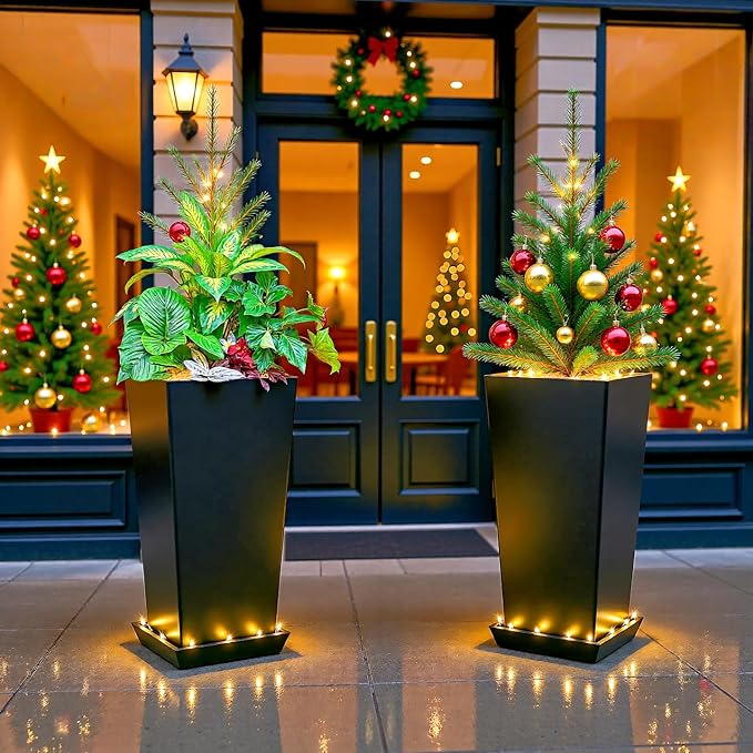 FENCY Set of 2 Tall Planters for Outdoor Plants, 24 Inch Large Tapered Pots with Drainage Trays, Weather-Resistant Plastic Plant Containers for Patio, Porch, Garden, Front Door Decor,Black
