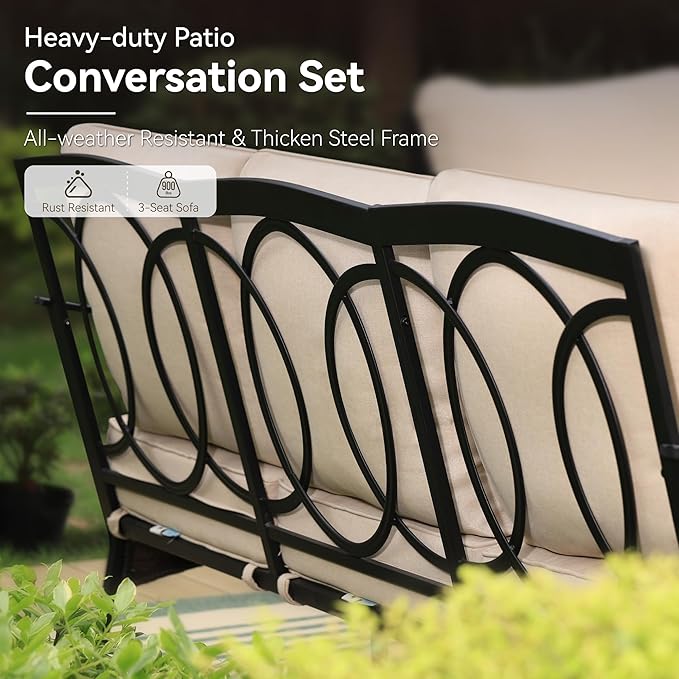 GREEN PARTY Extra Large Outdoor Patio Furniture Set 5 Pieces for 7, Modern Metal Patio Conversation Sets with High Back 3-Seat Sofa & Loveseat Sofa, 2 Fixed Chairs, 1 Coffee Table