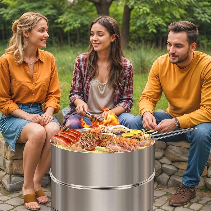 HGD 19.8 Inch Smokeless Firepit with Grill, Portable Wood Burning Fire Pit for Camping & Backyard, Stainless Steel Outdoor Fireplace with Travel Bag, Easy Setup & Compact Storage - Foldable Design