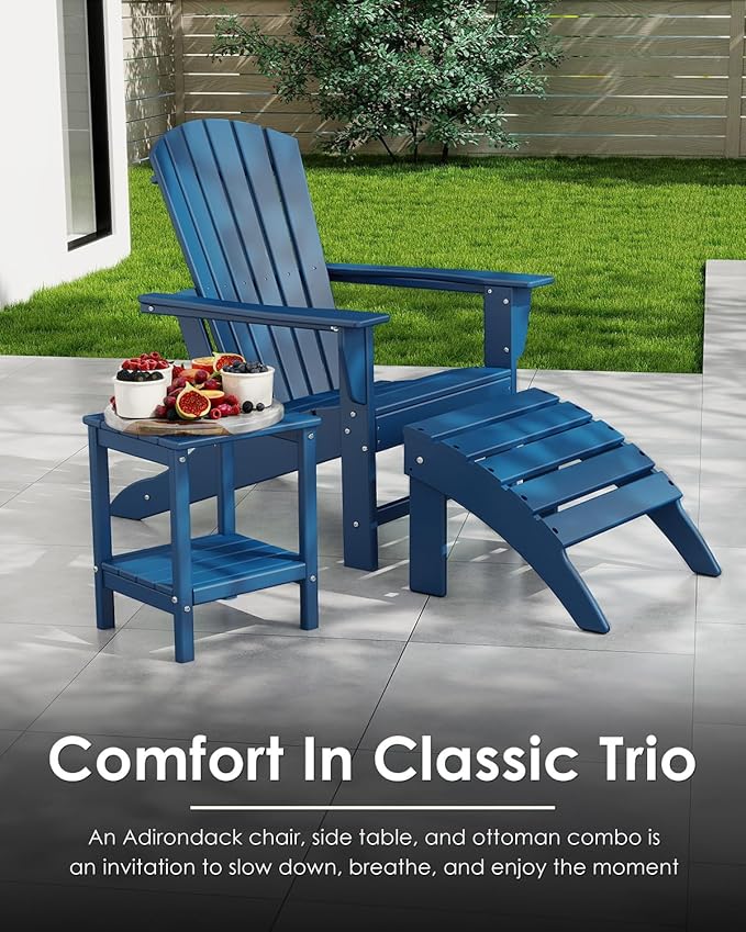 GREENVINES Adirondack Chair | HDPE Plastic | Oversized Fire Pit Chairs | All Weather | Blue | Poly Lumber | for Outdoor Deck Backyard Patio
