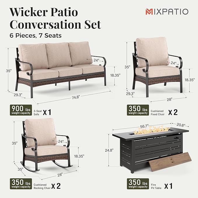 Patio Furniture Set with Firepit Table, Black Frame Outdoor Conversation Set with 2 x Fixed Chairs, 2 x Rocking Chairs, 1 x 3-Seat Sofa for Lawn Garden Backyard, Beige